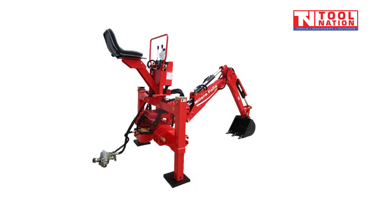 Red backhoe attachment angled from the rear, showing the seat, support legs, bucket, hydraulic arms, and a logo in the top right corner.