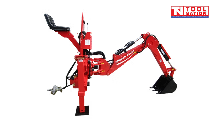 Side view of a red backhoe attachment with bucket, seat, support leg, hydraulic arms, and a logo in the top right corner.