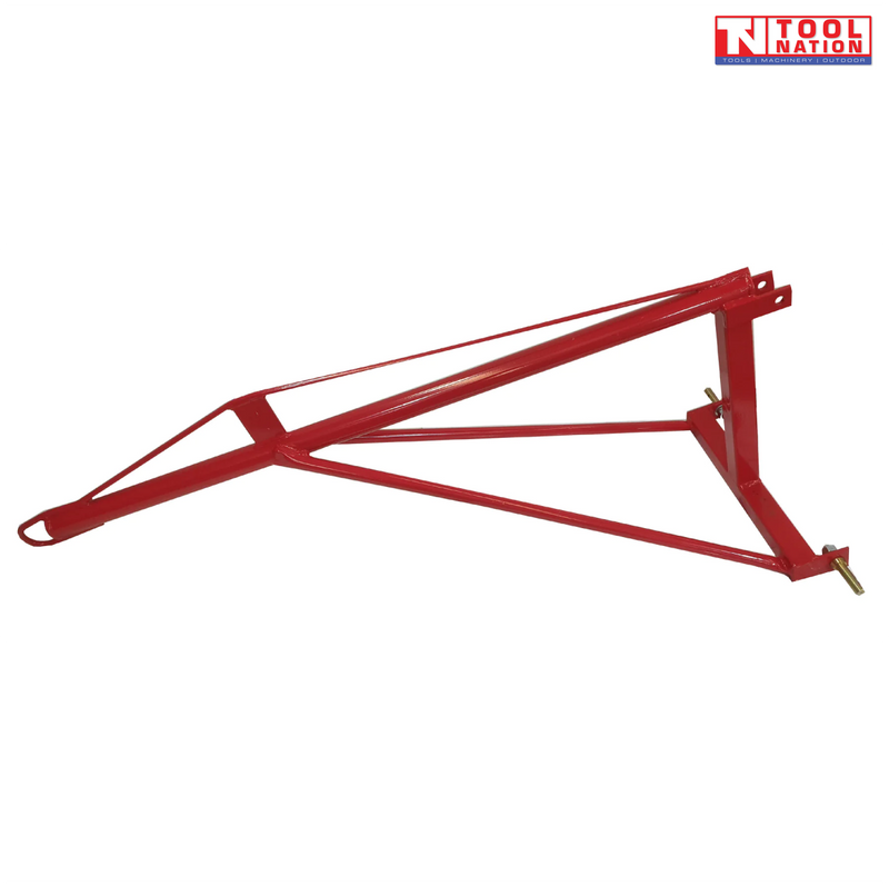 Red boom pole attachment with triangular support frame, mounting pins, front loop, and a logo in the top right corner.
