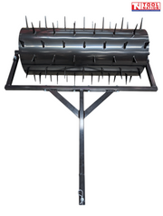 Front view of a black towable spiked roller with a rectangular frame, drawbar, metal pin and Tool Nation logo.