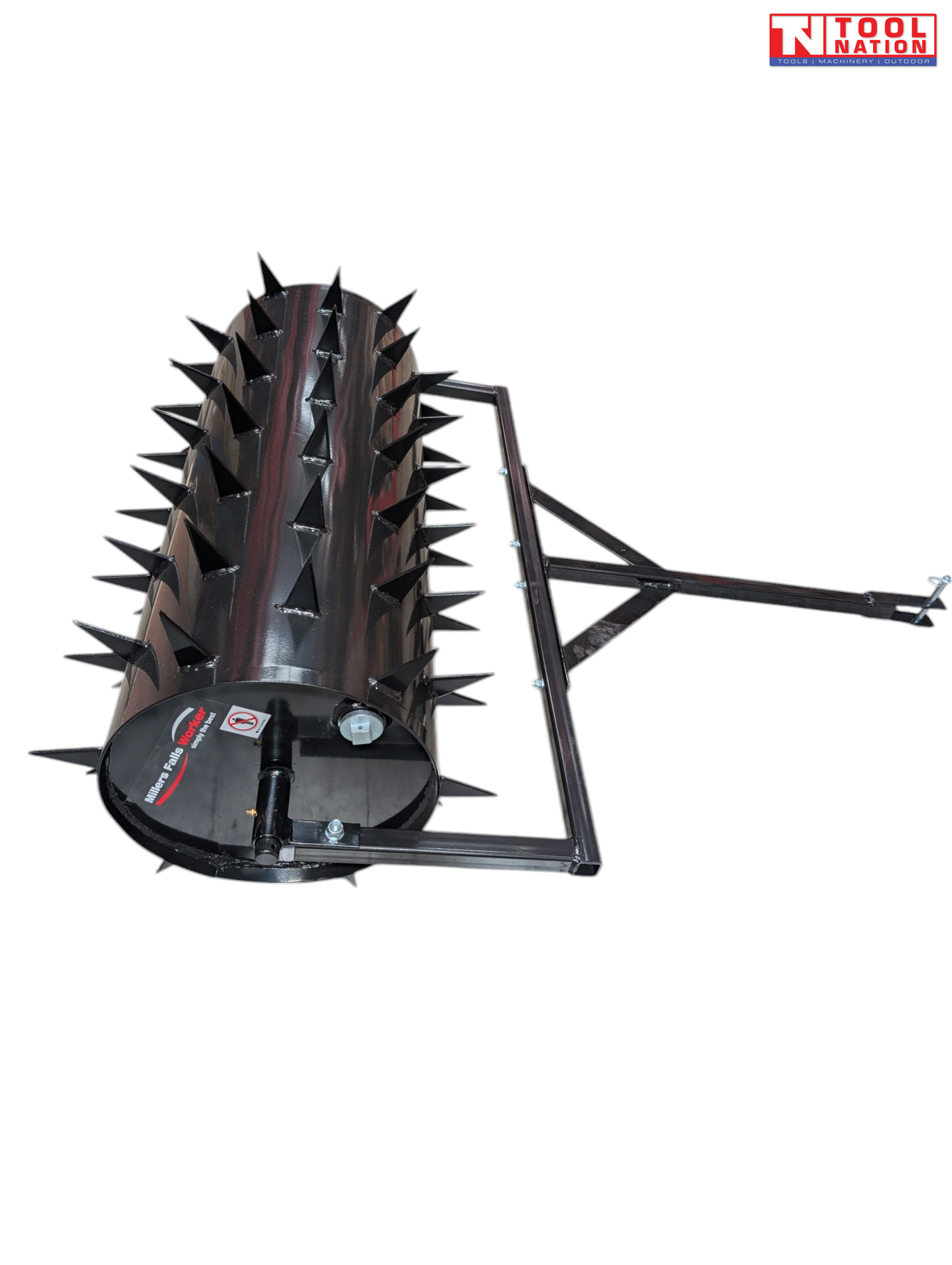 Black towable spiked roller shown from the end with a rectangular frame, drawbar, metal pin and Tool Nation logo.