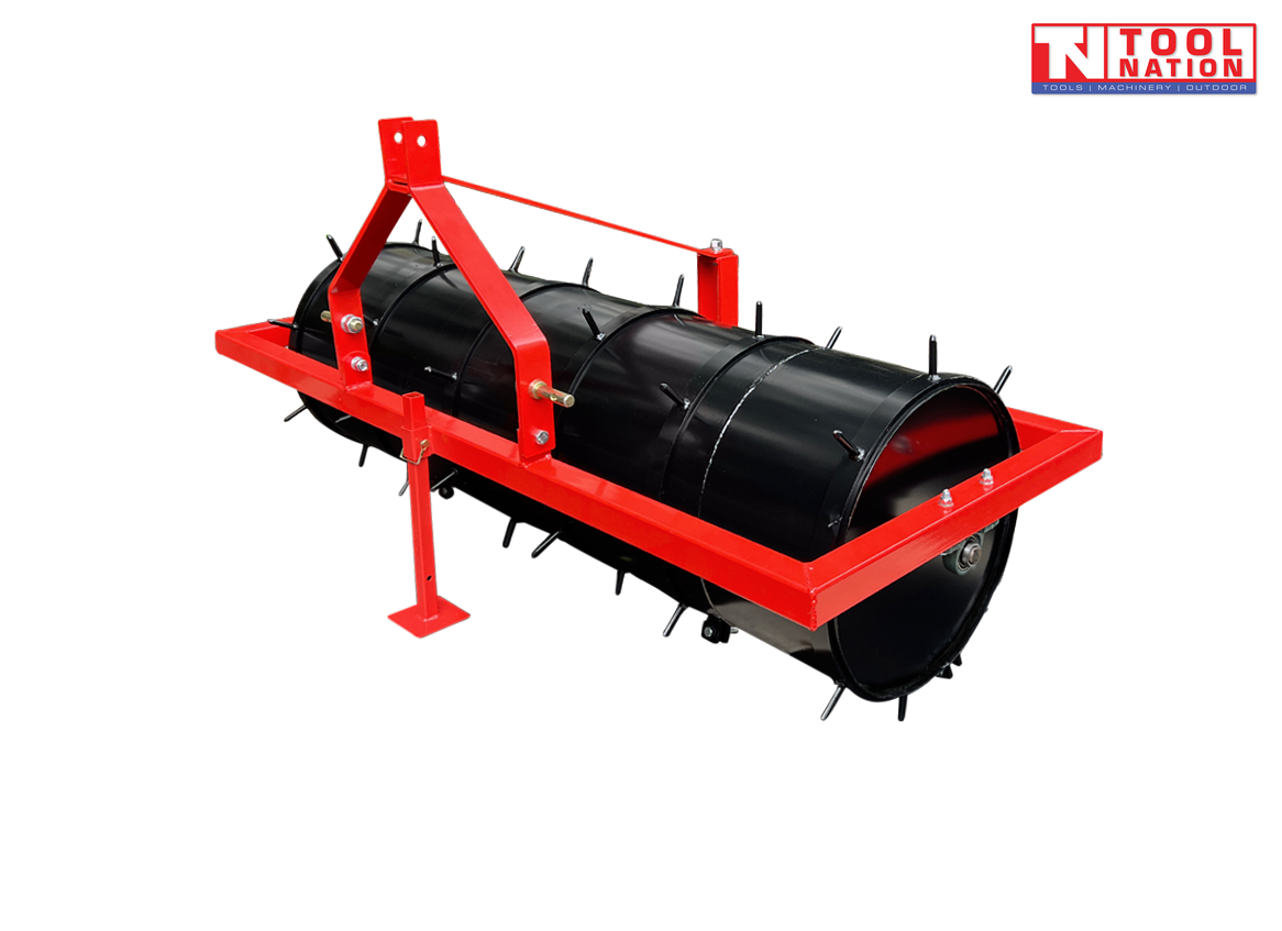 Red and black spiked roller attachment with triangular mounting frame, support leg, bolts, pins, and a logo in the top right corner.