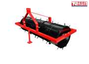 Red and black spiked roller attachment with triangular mounting frame, support leg, bolts, pins, and a logo in the top right corner.