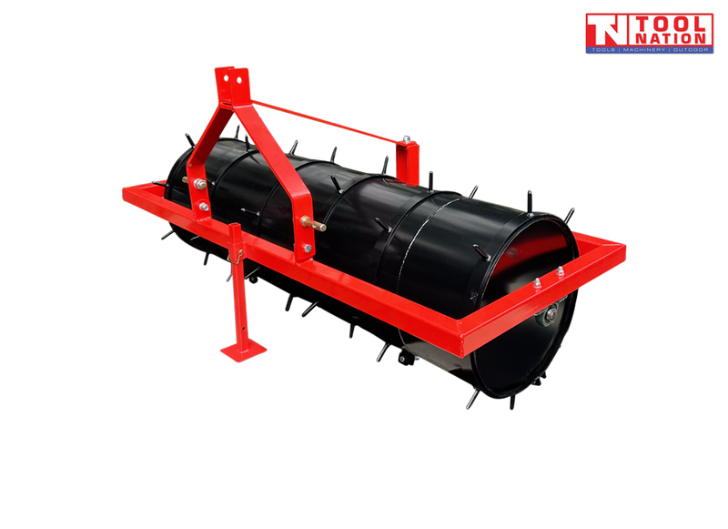 Red and black spiked roller attachment with triangular mounting frame, support leg, bolts, pins, and a logo in the top right corner.
