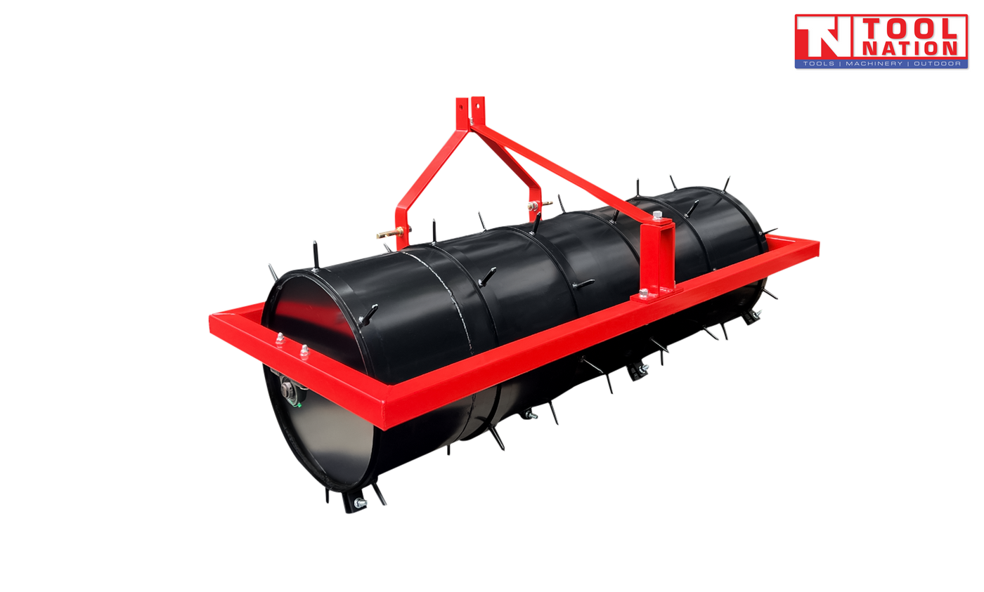 Rear angled view of a red and black spiked roller attachment with triangular mounting frame, bolts, pins, and a logo in the top right corner.