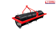 Rear angled view of a red and black spiked roller attachment with triangular mounting frame, bolts, pins, and a logo in the top right corner.
