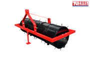 Red and black spiked roller attachment with triangular mounting frame, support leg, bolts, pins, and a logo in the top right corner.