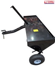 Black towable lawn aerator shown from the side with a tray, curved drawbar, upright handle and one visible tyre.