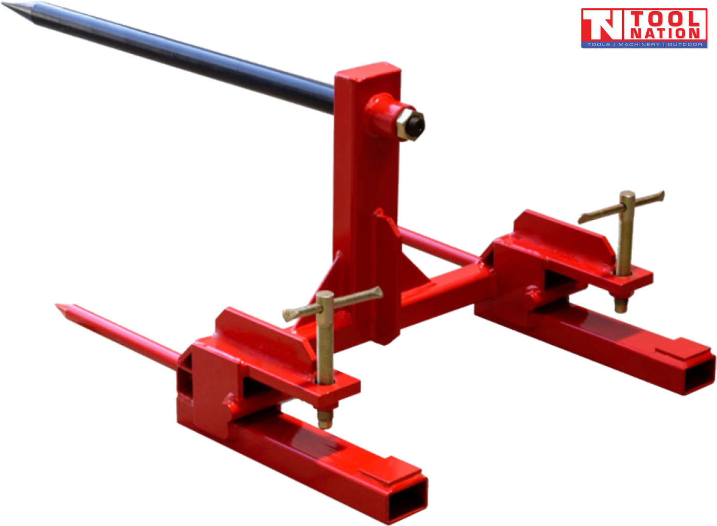 Red clamp-on bale spear attachment with one black upper spear, two red lower spears, and two screw clamps.