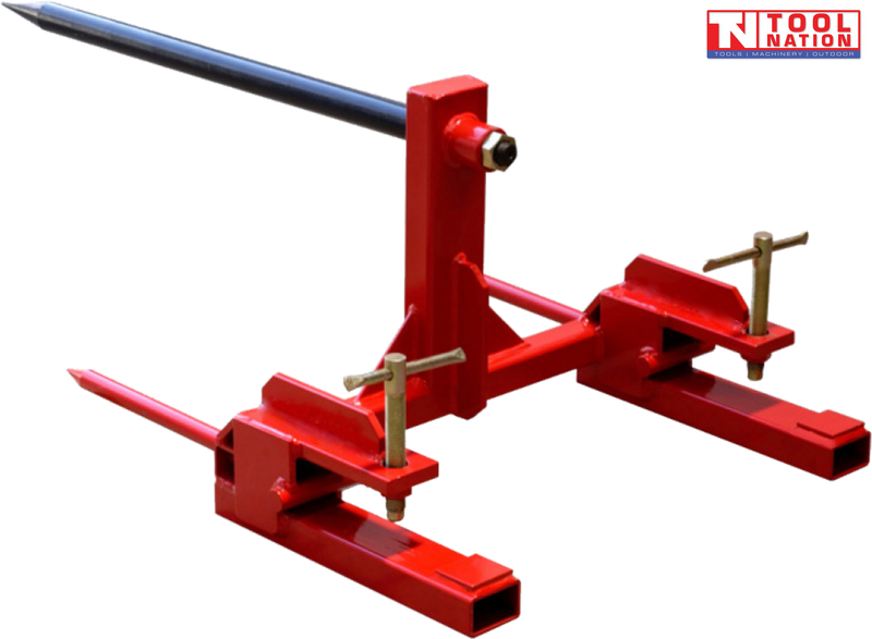 Red clamp-on bale spear attachment with one black upper spear, two red lower spears, and two screw clamps.