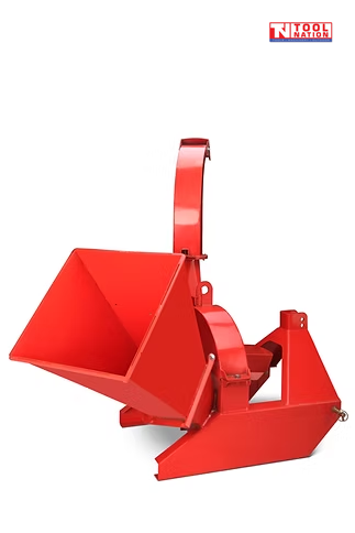 Red wood chipper with a large feed hopper, curved discharge chute, mounting frame, and logo in the top right corner.
