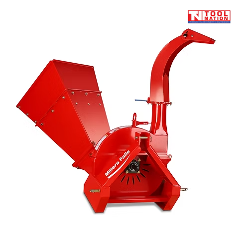 Red wood chipper side view with a large feed hopper, curved discharge chute, base frame, and logo in the top right corner.