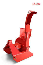 Rear angled view of a red wood chipper with a curved discharge chute, base frame, and logo in the top right corner.