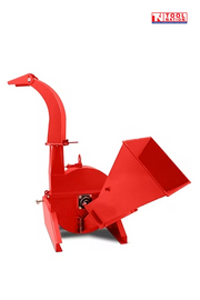 Red wood chipper side view with a large feed hopper, curved discharge chute, base frame, and logo in the top right corner.