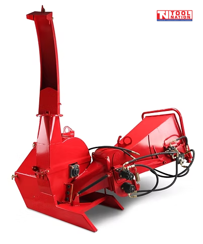 Red wood chipper front view with a large feed hopper, black feed rollers, curved discharge chute, and logo in the top right corner.