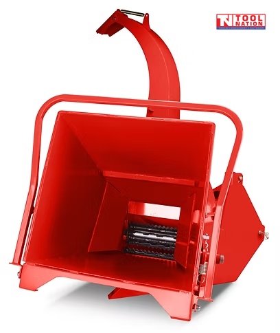 Red wood chipper front view with a large feed hopper, black feed rollers, curved discharge chute, and logo in the top right corner.