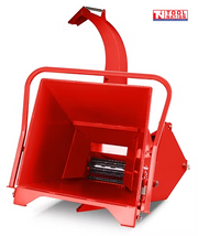 Red wood chipper front view with a large feed hopper, black feed rollers, curved discharge chute, and logo in the top right corner.