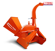 Orange wood chipper with a large feed hopper, curved discharge chute, mounting frame, and logo in the top right corner.