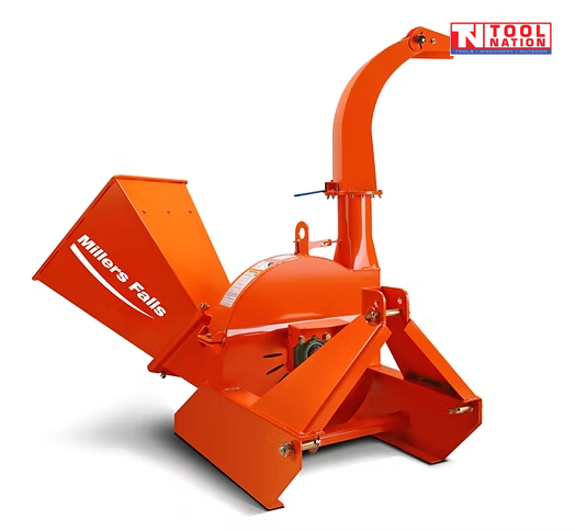 Orange wood chipper with a large feed hopper, curved discharge chute, mounting frame, and logo in the top right corner.