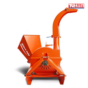 Front view of an orange wood chipper with a feed hopper, curved discharge chute, mounting frame, and logo in the top right corner.