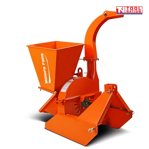 Rear angled view of an orange wood chipper with an open feed hopper, curved discharge chute, mounting frame, and logo in the top right corner.