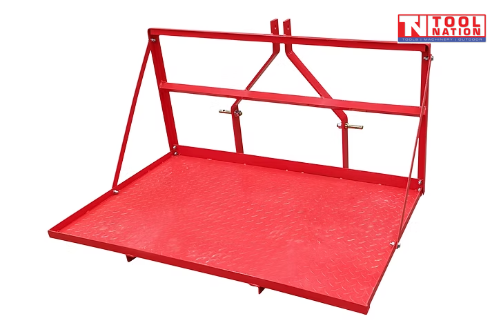 Red carry-all platform with raised frame, triangular side supports, textured floor, mounting pins, and a logo in the top right corner.