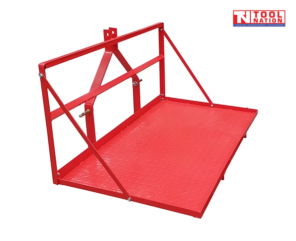 Red carry-all platform viewed from an angle, showing a textured floor, raised frame, triangular supports, mounting pins, and a logo in the top right corner.
