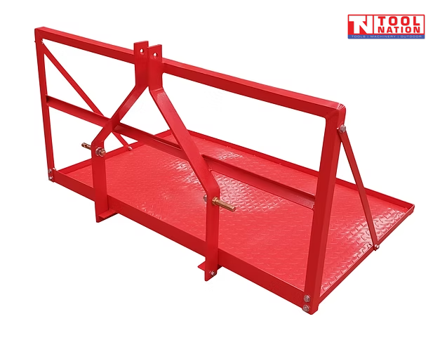 Red carry-all platform viewed from the rear, showing a textured floor, raised frame, triangular supports, mounting pins, and a logo in the top right corner.