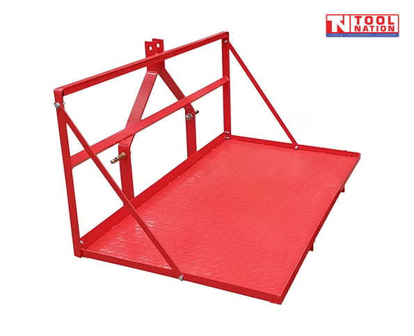 Rear angled view of a red carry-all platform with a textured floor, raised frame, triangular supports, mounting pins, and a logo in the top right corner.