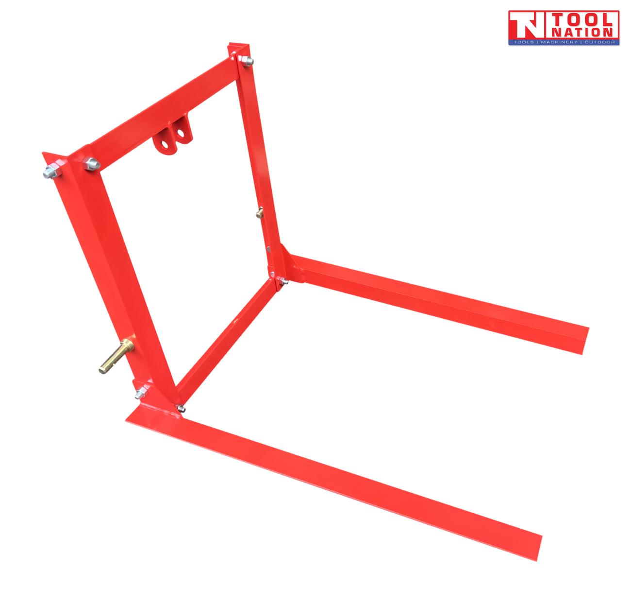 Red carry-all frame with two long fork arms, upright supports, mounting pins, and a logo in the top right corner.
