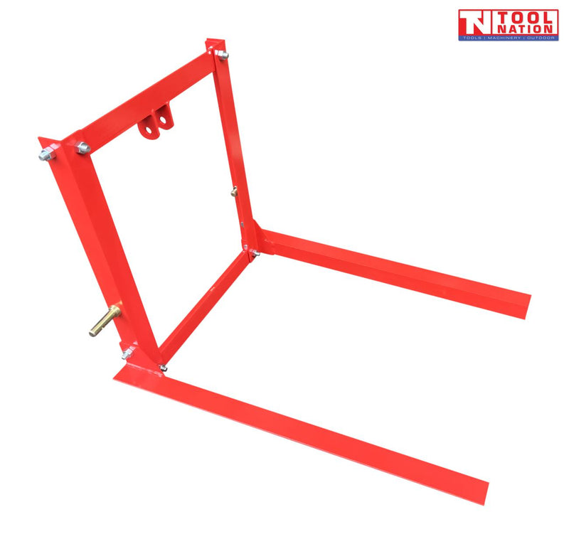 Red carry-all frame with two long fork arms, upright supports, mounting pins, and a logo in the top right corner.