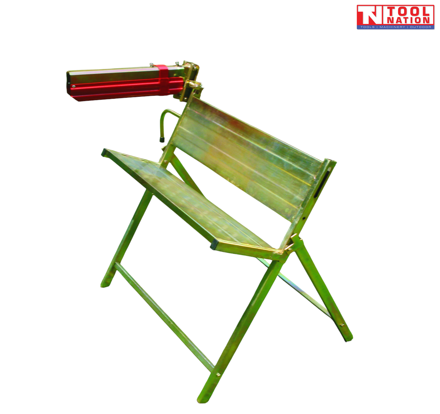Metal saw bench with angled legs, a V-shaped tray and a red covered clamp area on a white background.