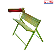 Metal saw bench with angled legs, a V-shaped tray and a red covered clamp area on a white background.