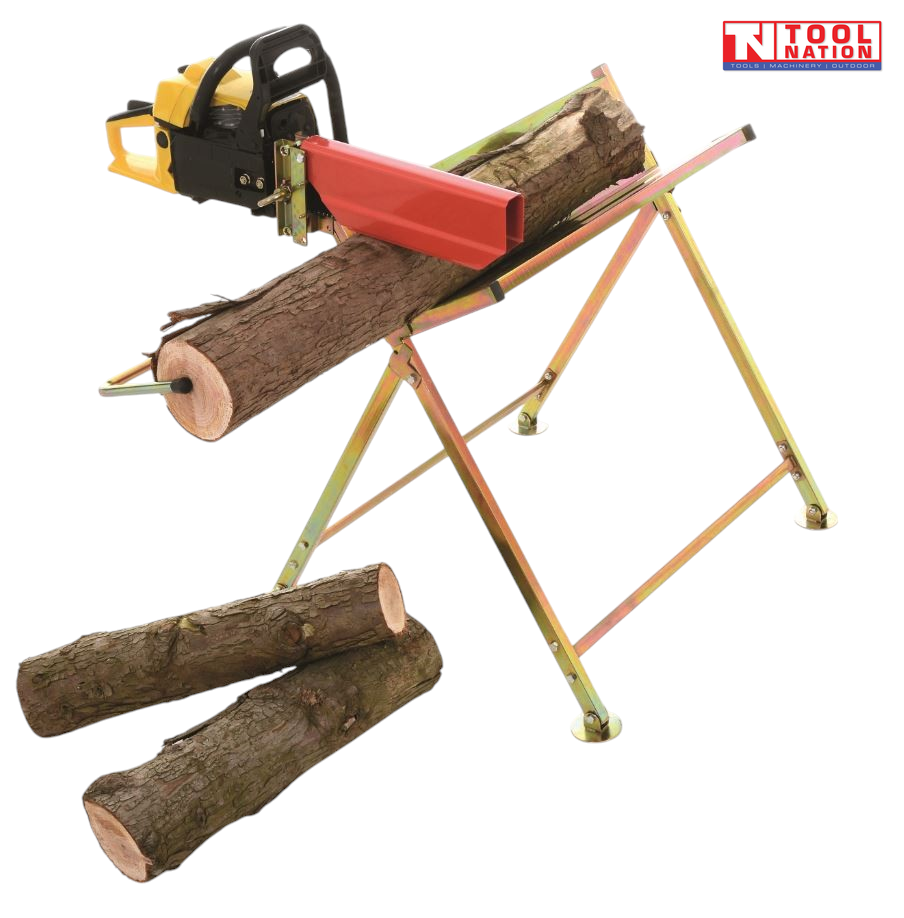Metal saw bench holding a log, with a chainsaw and red cover attached at one end and cut logs shown below.