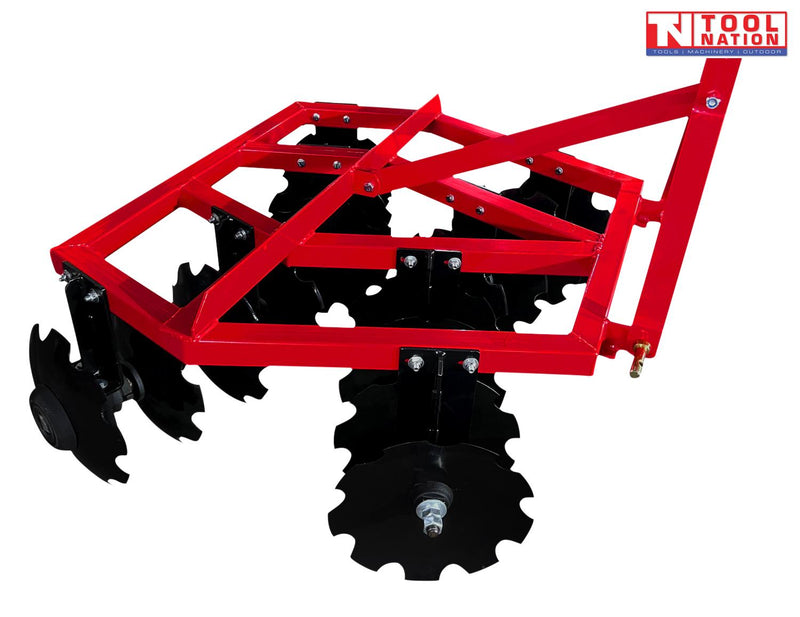 Red disc harrow with black notched discs, triangular mounting frame, bolts, pins, and a logo in the top right corner.