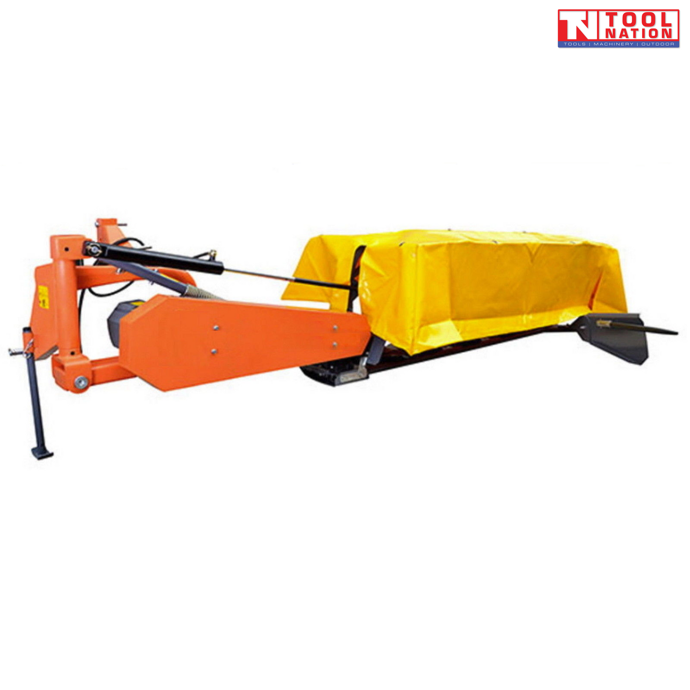 Back view of an orange disc mower with a yellow cover, six black cutting discs, curved black guard bar, and a logo in the top right corner.