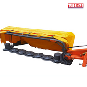 Side view of an orange disc mower with a yellow cover, six black cutting discs, curved black guard bar, and a logo in the top right corner.