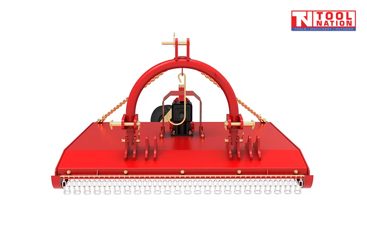 Red slasher attachment with curved mounting frame, chains, rear safety chains, pins, and a logo in the top right corner.