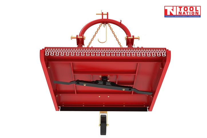 Underside view of a red slasher attachment with black cutting bar, rear wheel, chains, and logo in the top right corner.