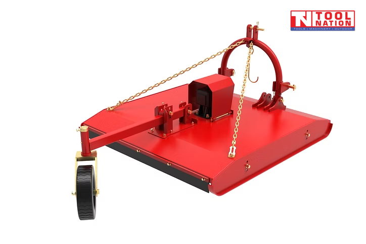 Rear angled view of a red slasher attachment with support wheel, curved mounting frame, chains, gearbox cover, and logo in the top right corner.