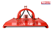 Front view of a red slasher attachment with curved mounting frame, black cable, pins, chains, and a logo in the top right corner.