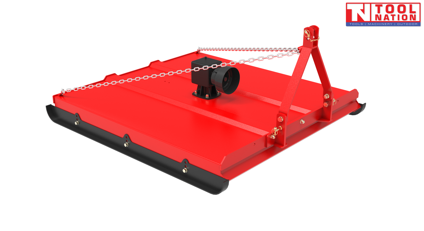 Red slasher attachment with triangular mounting frame, chain, black gearbox cover, rear flap, and a logo in the top right corner.