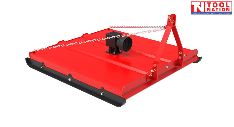 Red slasher attachment with triangular mounting frame, chain, black gearbox cover, rear flap, and a logo in the top right corner.