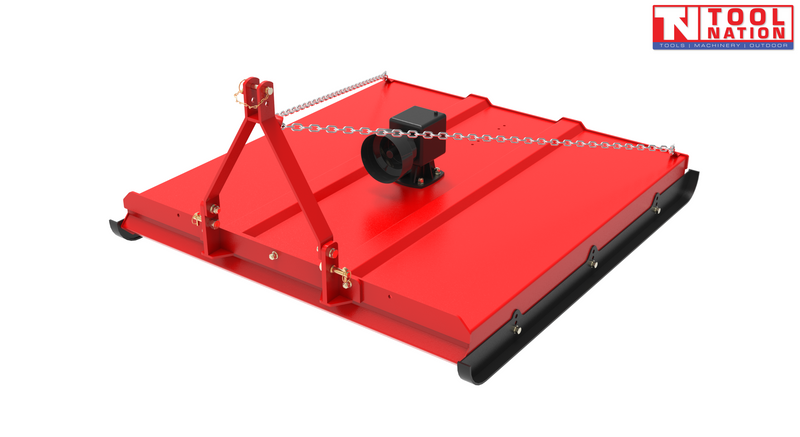 Red slasher attachment with triangular mounting frame, chain, black gearbox cover, rear flap, and a logo in the top right corner.