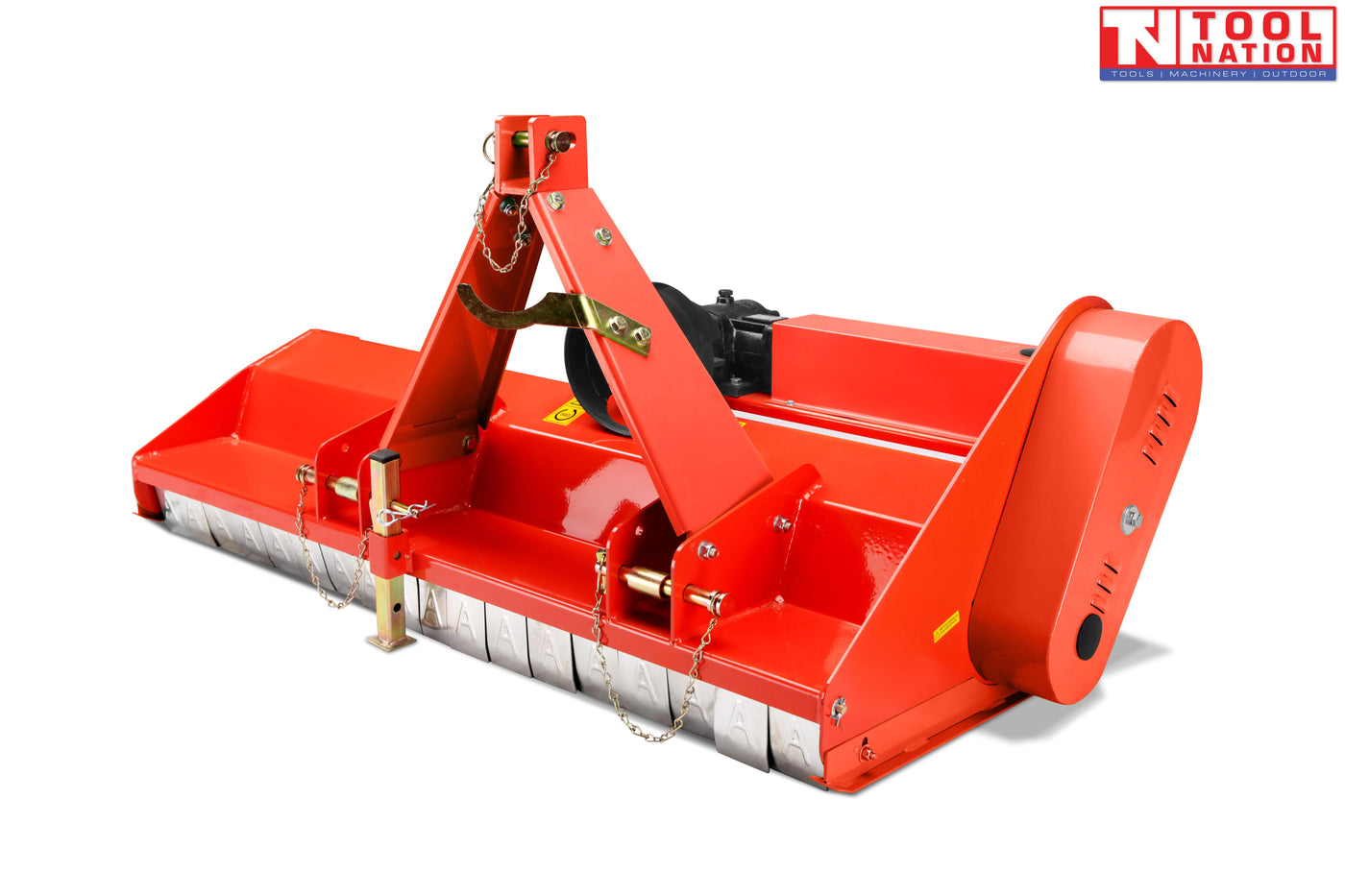 Red flail mower with triangular mounting frame, side belt cover, rear flap guards, chains, and a logo in the top right corner.