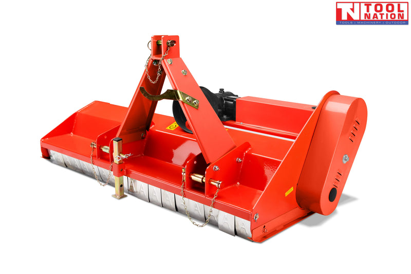 Red flail mower with triangular mounting frame, side belt cover, rear flap guards, chains, and a logo in the top right corner.