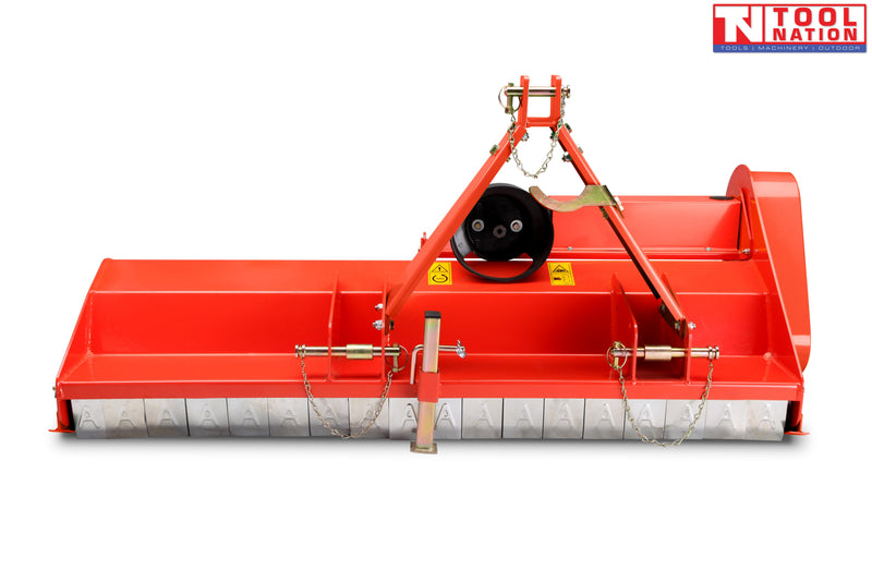 Red flail mower with triangular mounting frame, side belt cover, rear flap guards, chains, and a logo in the top right corner.