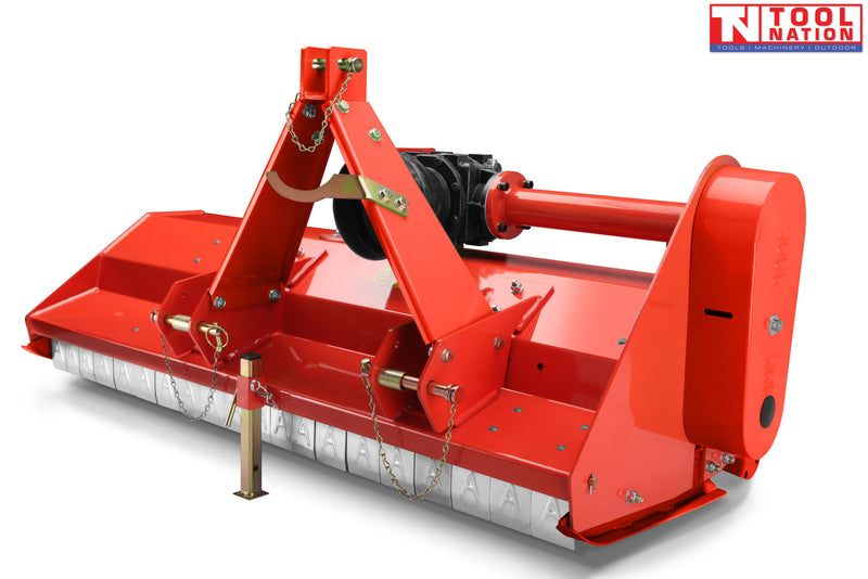 Red flail mower with triangular mounting frame, side belt cover, chains, support leg, rear flap guards, and a logo in the top right corner.