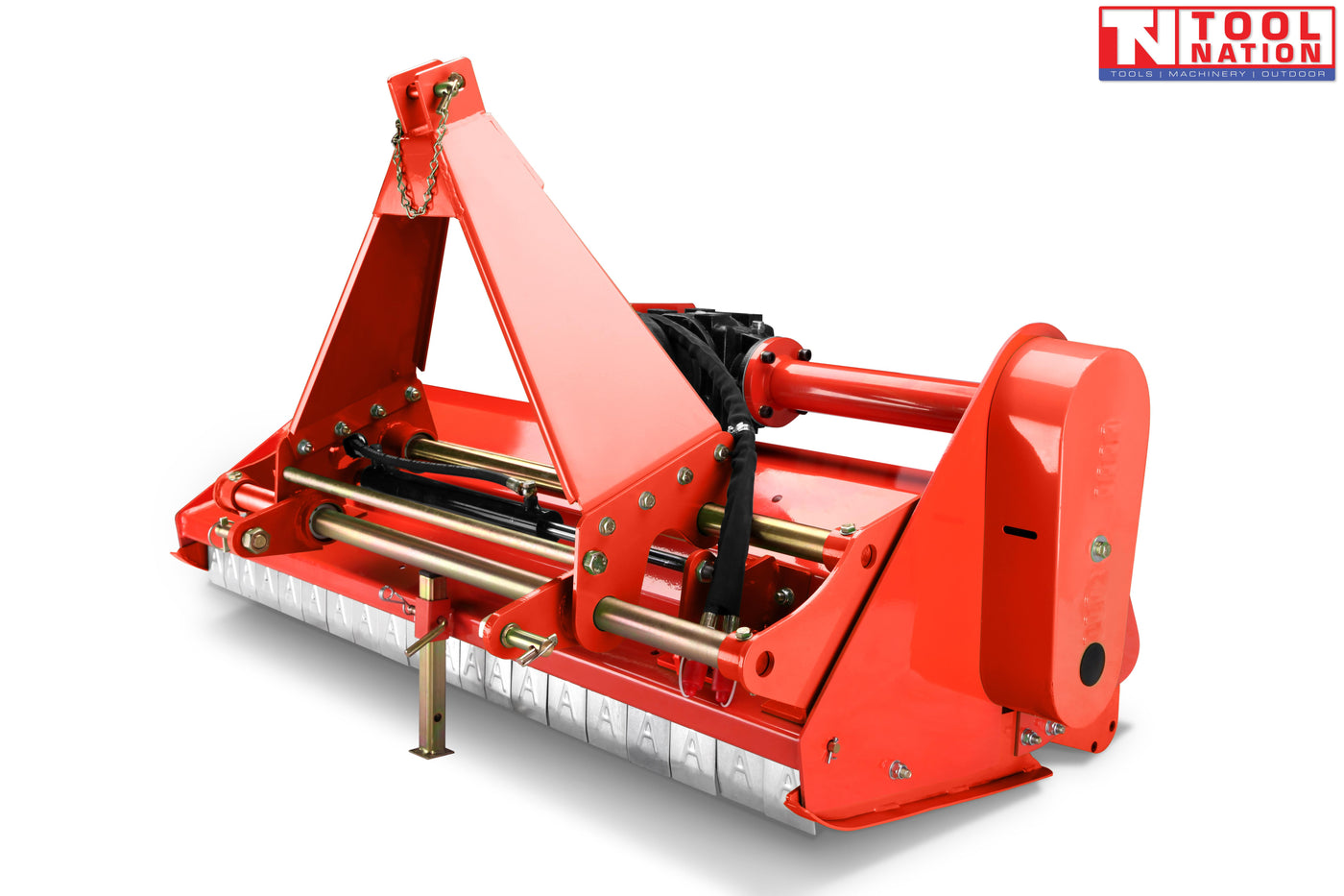 Red flail mower with triangular mounting frame, chains, hydraulic cylinder, side belt cover, rear flap guards, and a logo in the top right corner.