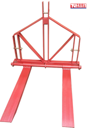 Red forklift attachment with two long forks, triangular frame, mounting pins, and a logo in the top right corner.